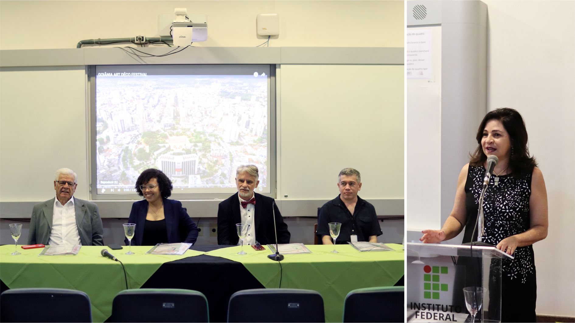 Na mesa de abertura do festival, participaram o superintendente do Iphan em Goiásnia, Pedro Wilson; a secretária da Secult, Yara Nunes; o idealizador do festival, Gutto Lemes; e o representante da UFG, Francisco Guilherme. A diretora-geral do Câmpus Goiânia do IFG, professora Adriana Ferreira, também esteve presente na abertura do evento.